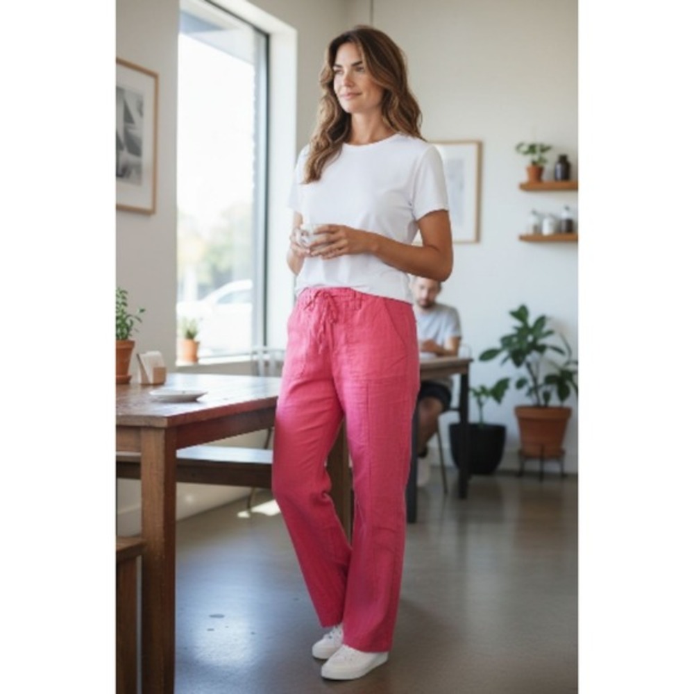 Only You Womens Pink Linen Blend Drawstring Straight Leg Pants‎ Casual Size L